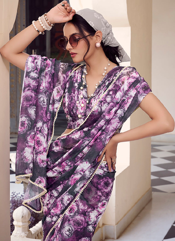 Beautiful grey marble georgette saree with allover floral print.